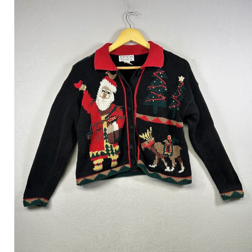 Vintage Epoch Knitwear Santa Reindeer Christmas Sweater Cardigan Black‎ Size M
